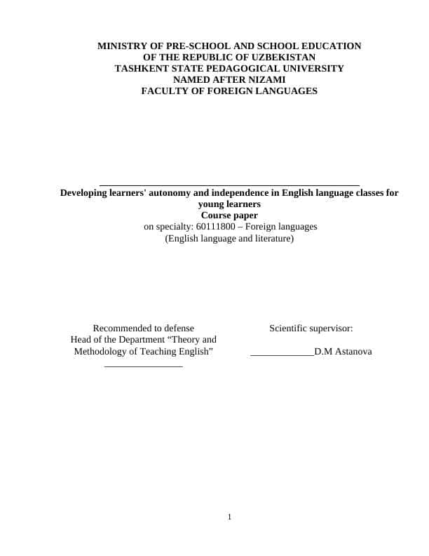 Developing learners' autonomy and independence in English language classes for young learners