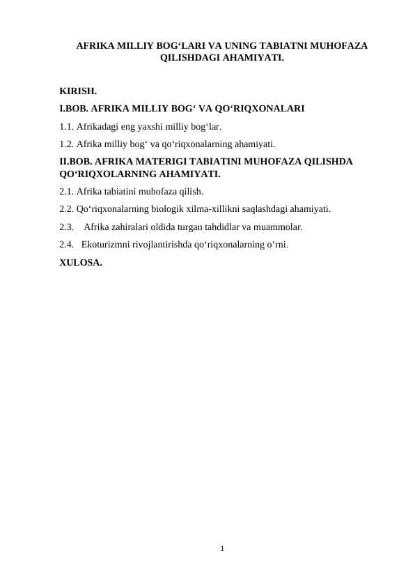 Afrika milliy bog‘lari va uning tabiatni muhofaza qilishdagi ahamiyati