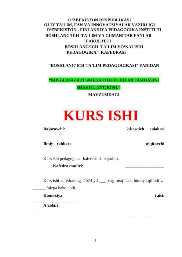 BOSHLANG'ICH SNIFDA O'QUVCHILAR JAMOASINI SHAKILLANTIRISH