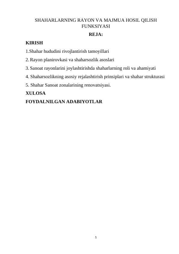 SHAHARLARNING RAYON VA MAJMUA HOSIL QILISH FUNKSIYASI