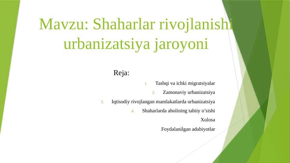 Shaharlar rivojlanishi urbanizatsiya darajasi