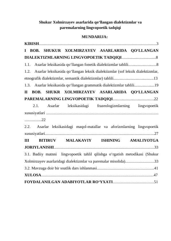 Shukur Xolmirzayev asarlarida qo‘llangan dialektizmlar va paremalarning lingvopoetik tadqiqi