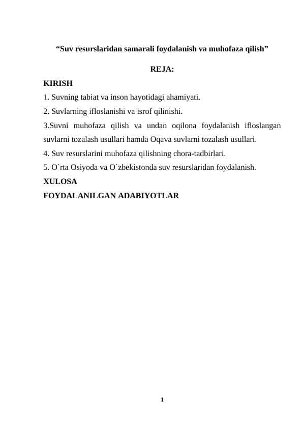 “Suv resurslaridan samarali foydalanish va muhofaza qilish”