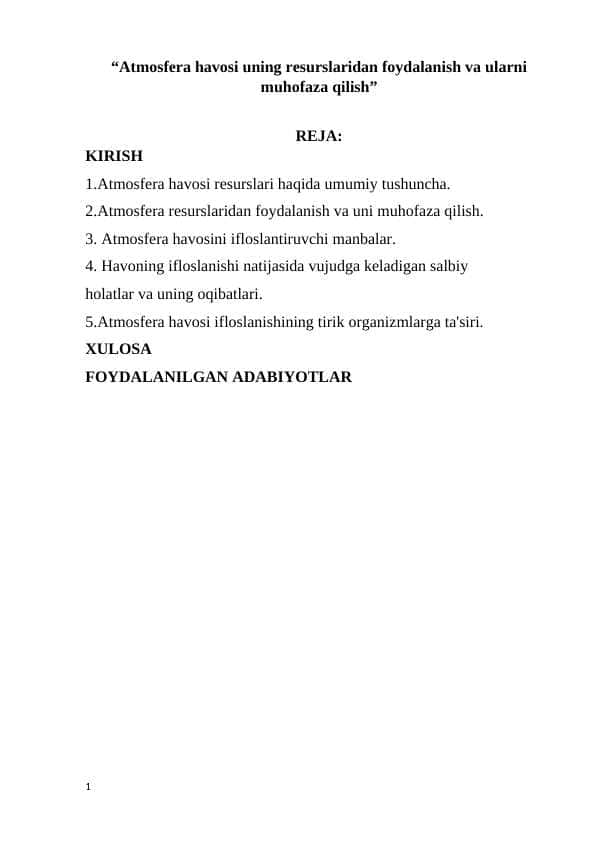 “Atmosfera havosi uning resurslaridan foydalanish va ularni muhofaza qilish”