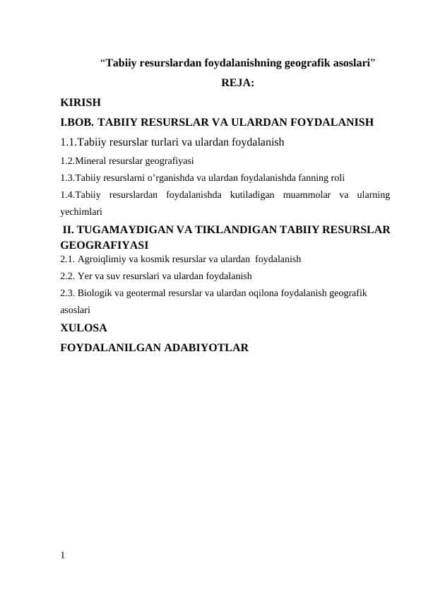 “Tabiiy resurslardan foydalanishning geografik asoslari”