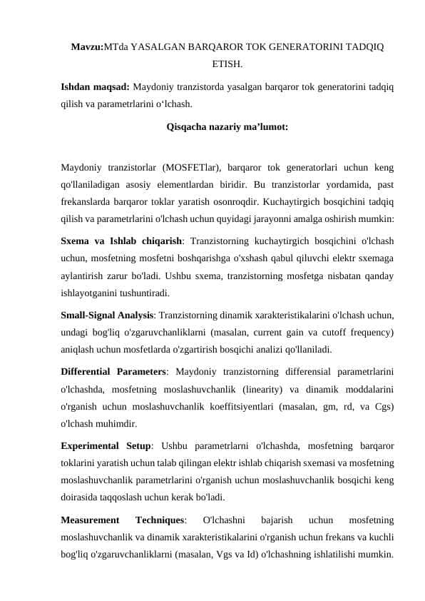 MTda YASALGAN BARQAROR TOK GENERATORINI TADQIQ ETISH.