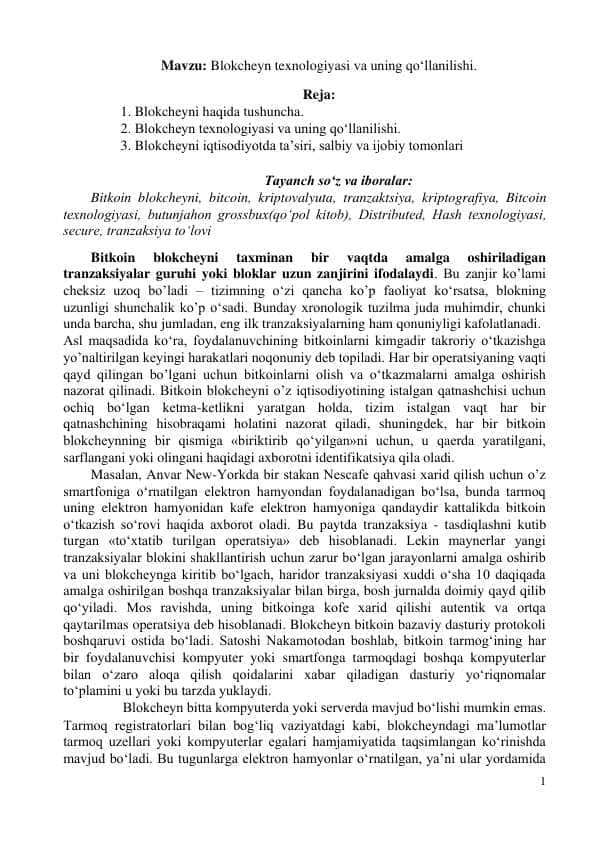 Blokcheyn texnologiyasi va uning qoʻllanilishi