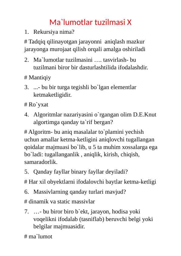 Ma`lumotlar tuzilmasi dan imtihon savolar va javobi