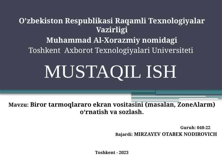 Biror tarmoqlararo ekran vositasini (masalan, ZoneAlarm) o‘rnatish va sozlash