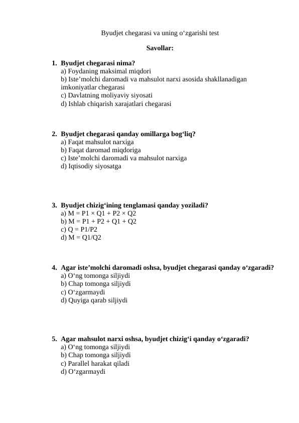 Byudjet chegarasi va uning o‘zgarishi test