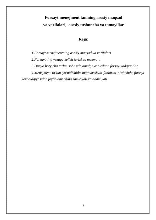 FORSAYT MENEJMENT FANINING ASOSIY MAQSAD