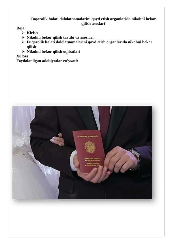 Fuqarolik holati dalolatnomalarini qayd etish organlarida nikohni bekor qilish asoslari
