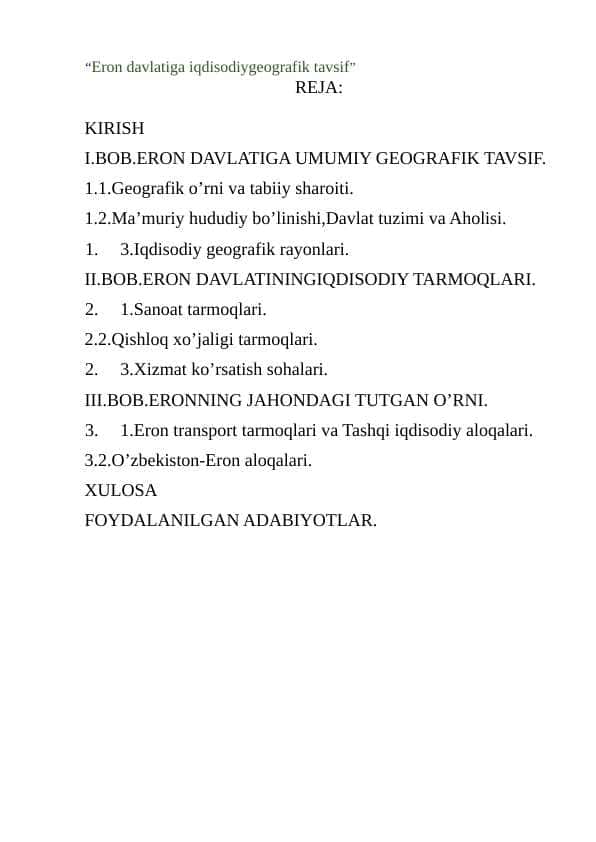“Eron davlatiga iqdisodiygeografik tavsif”