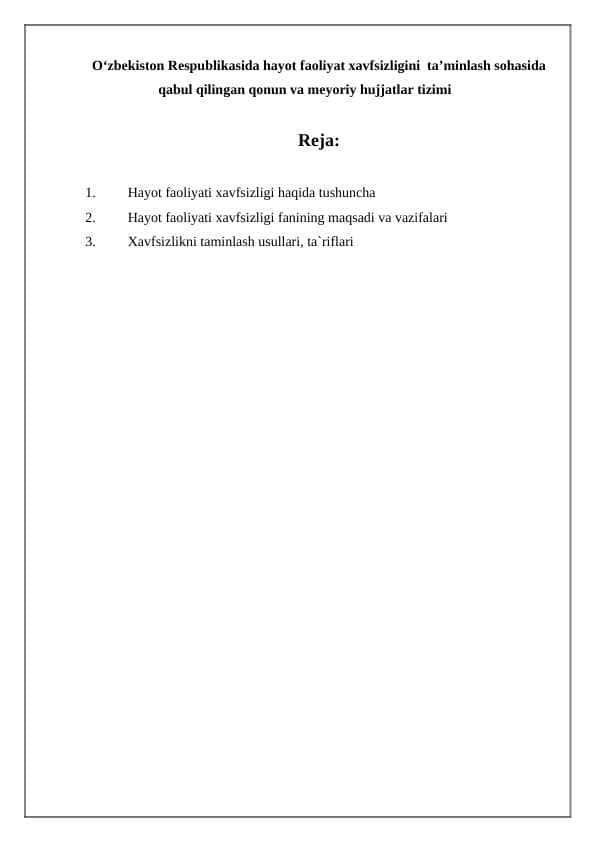 О‘zbekiston Respublikasida hayot faoliyat xavfsizligini ta’minlash sohasi
