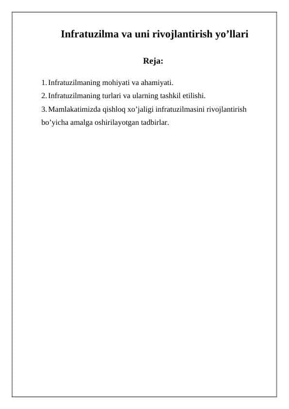 Infratuzilma va uni rivojlantirish yo’llari