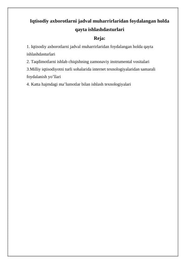 Iqtisodiy axborotlarni jadval muharrirlaridan foydalangan holda qayta ishlashdasturlari