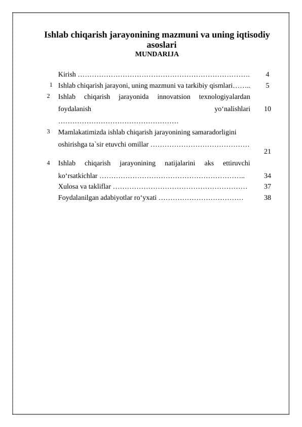 Ishlab chiqarish jarayoni, uning mazmuni va tarkibiy qismlari