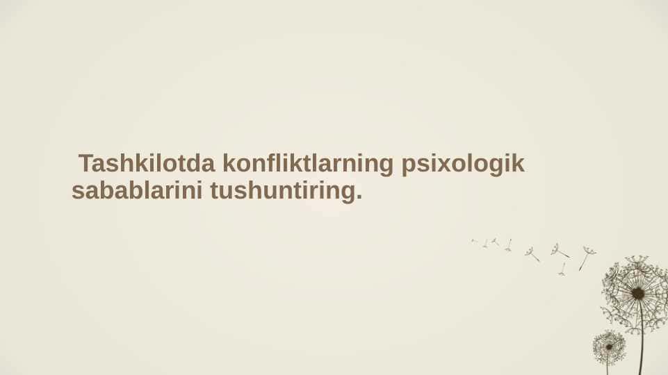 Tashkilotda konfliktlarning psixologik sabablarini tushuntiring