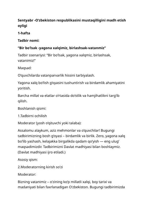 Maktab psixologlari uchun sentyabr oyidan noyabr oyigacha ma'naviy tadbirlar rejasi