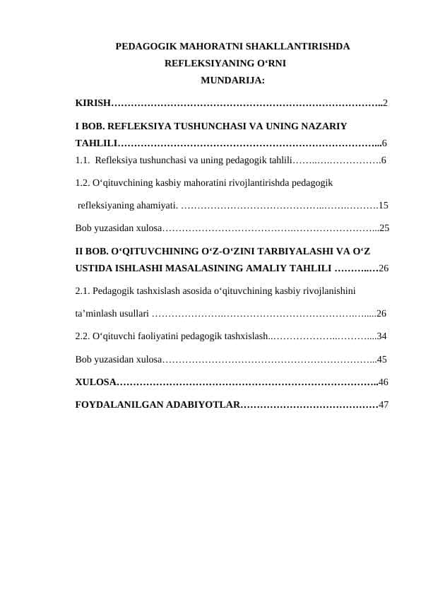 PEDAGOGIK MAHORATNI SHAKLLANTIRISHDA REFLEKSIYANING O‘RNI