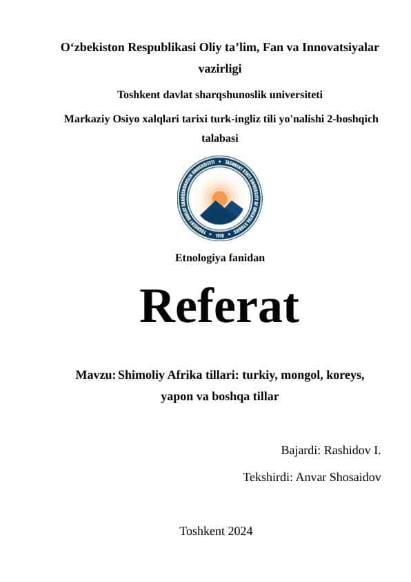 REFERAT Shimoliy Afrika tillari: turkiy, mongol, koreys, yapon va boshqa tillar
