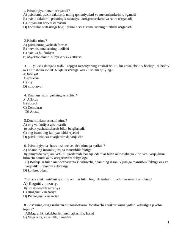 Umumiy psixologiyadan tushgan test