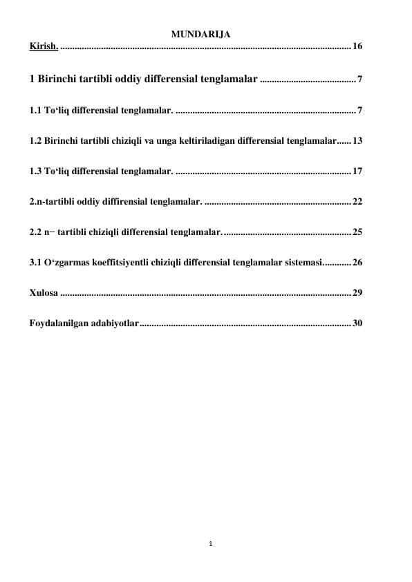 BIRINCHI TARTIBLI DIFFERENSIAL TENGLAMALARNING TATBIQLARI. YUQORI TARTIBLI DIFFERENSIAL TENGLAMALARNING TATBIQLARI