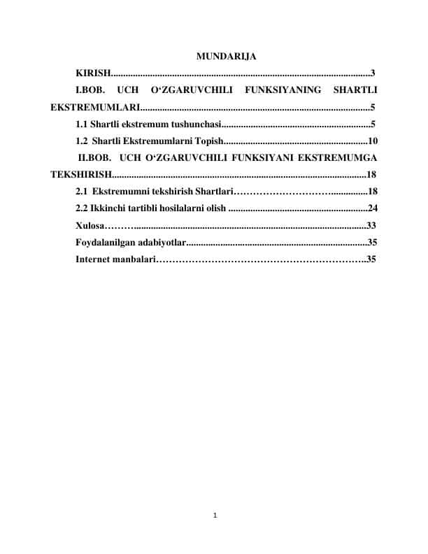 UCH O‘ZGARUVCHILI FUNKSIYANING SHARTLI EKSTREMUMLARI. UCH O‘ZGARUVCHILI FUNKSIYANI EKSTREMUMGA TEKSHIRISH