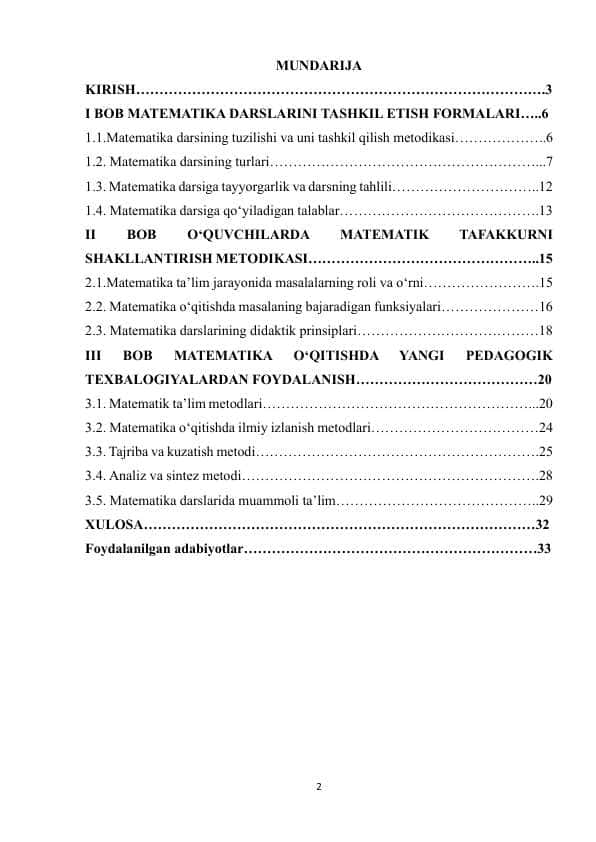MATEMATIKA DARSLARINI TASHKIL ETISH FORMALARI