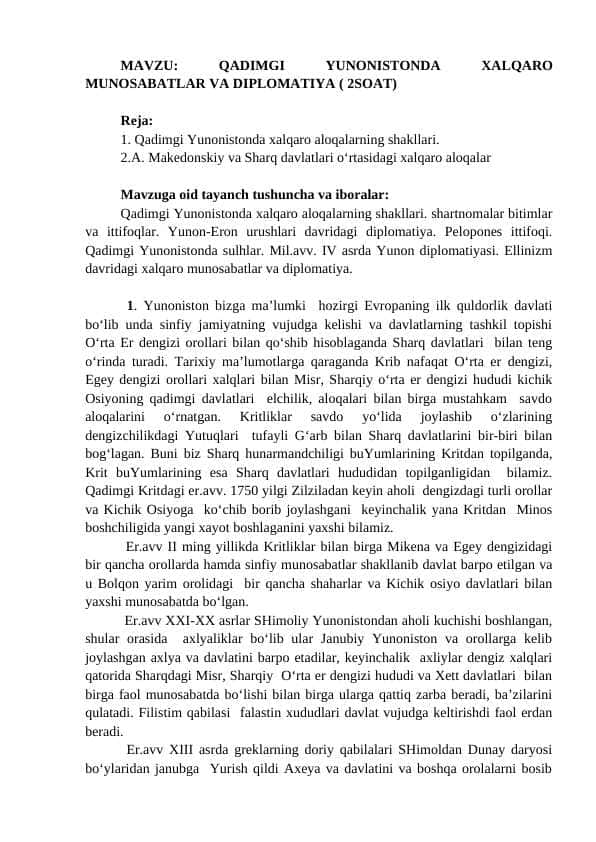 QADIMGI YUNONISTONDA XALQARO MUNOSABATLAR VA DIPLOMATIYA