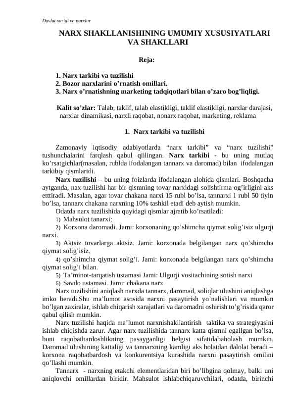 Narx shakllanishining umumiy xususiyatlari va shakllari