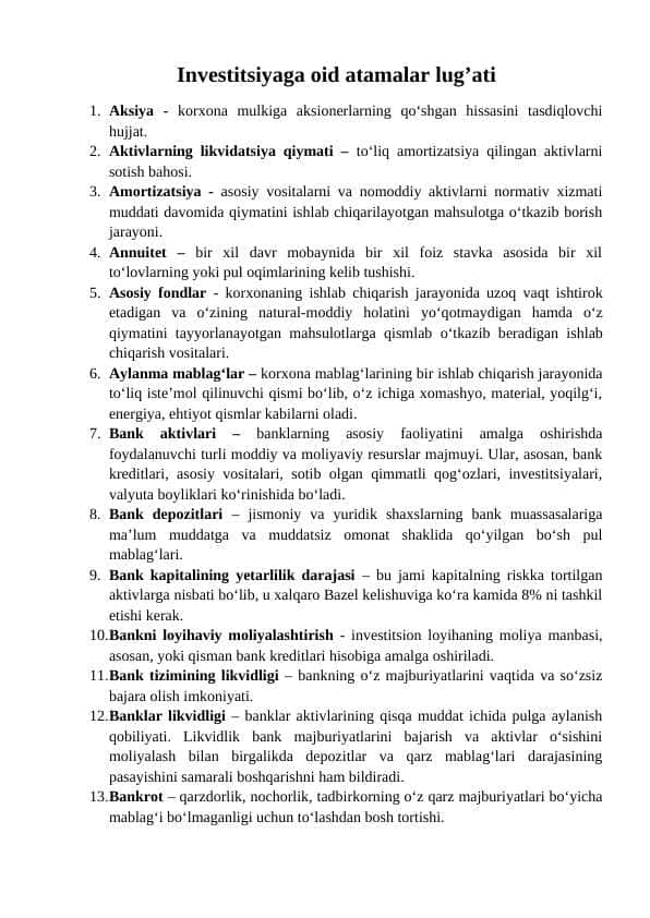 Investitsiya fanidan atamalar lug'ati