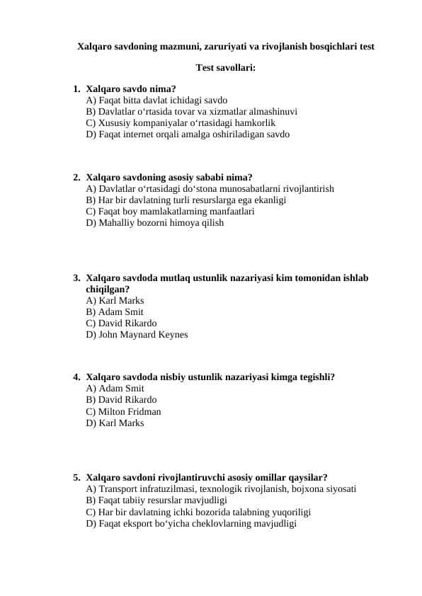 Xalqaro savdoning mazmuni, zaruriyati va rivojlanish bosqichlari test