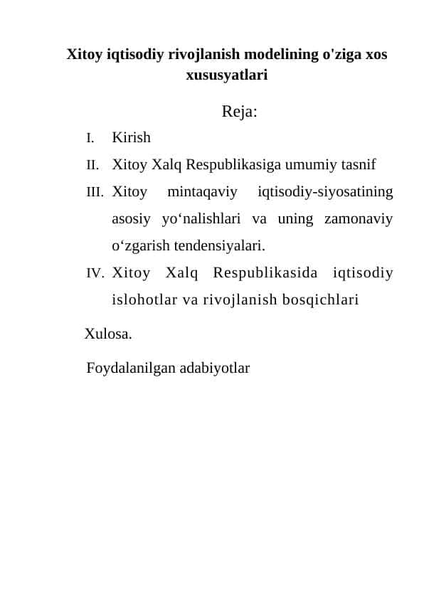 Xitoy iqtisodiy rivojlanish modelining o'ziga xos