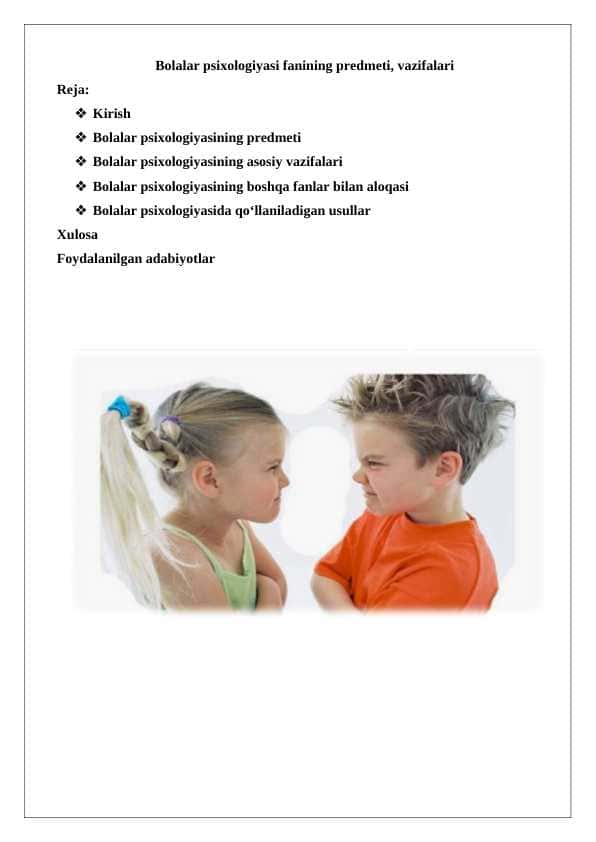 Bolalar psixologiyasi fanining predmeti, vazifalari
