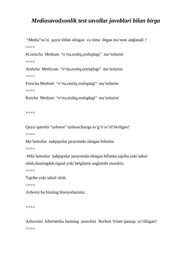 Mediasavodxonlik test savollar javoblari bilan birga