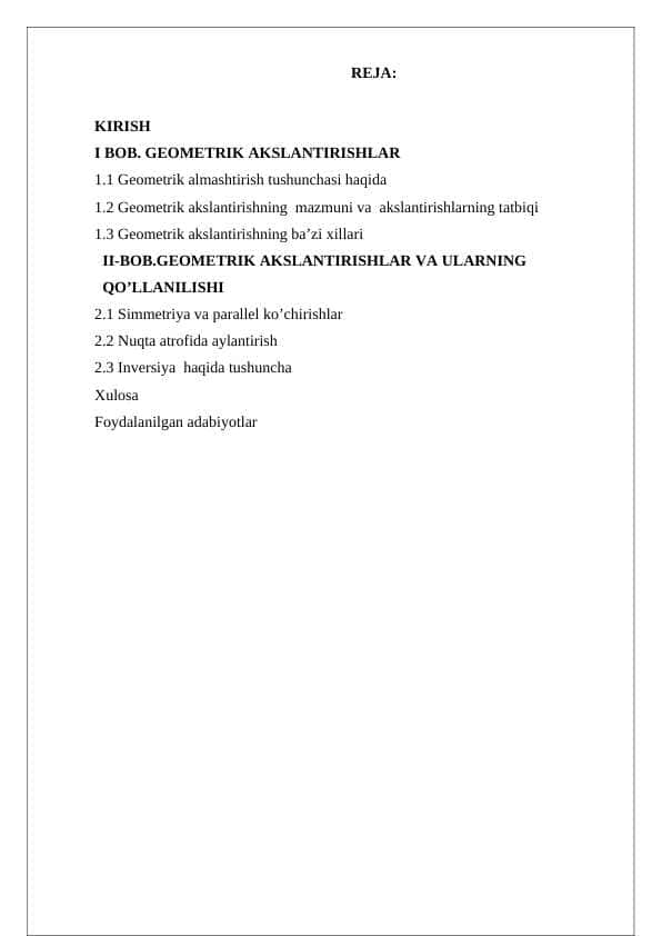 Tekislikda geometrik almashtirishlar va ularning qóllanilishi