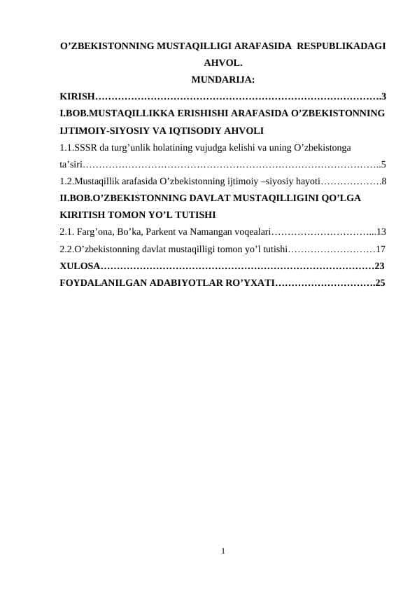 O’ZBEKISTONNING MUSTAQILLIGI ARAFASIDA RESPUBLIKADAGI AHVOL