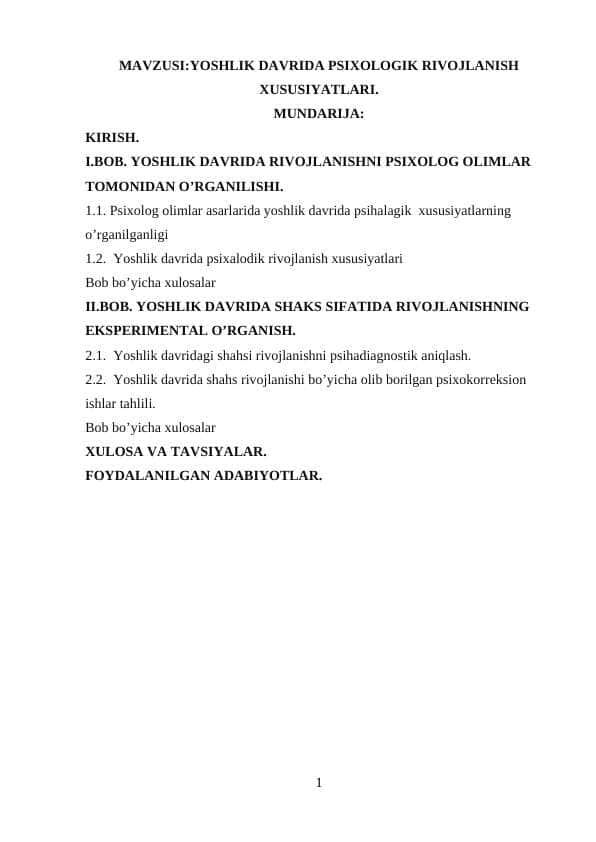 Yoshlik davrida psixologik rivojlanish xususiyatlari
