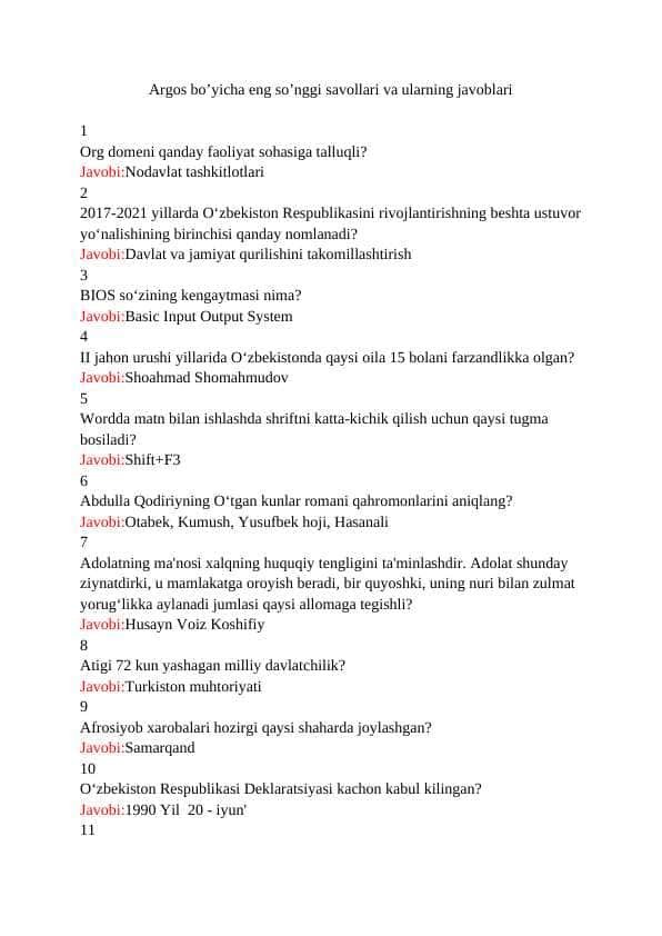 Agos davlat xizmatchisi testi 2025 1000 ta savol va javoblari bilan