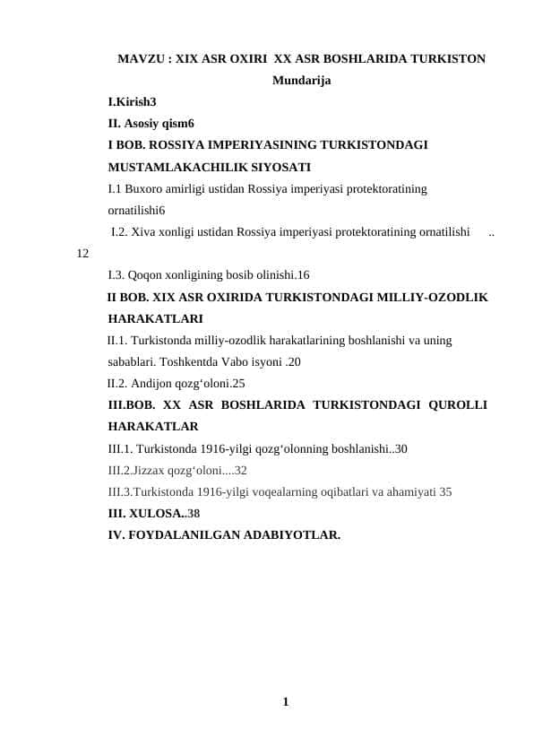 XIX ASR OXIRI XX ASR BOSHLARIDA TURKISTON