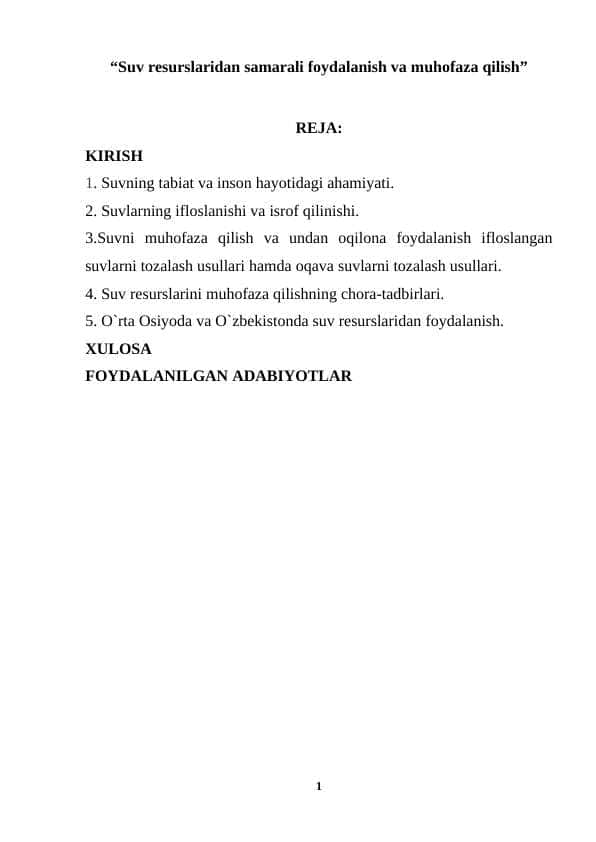 “Suv resurslaridan samarali foydalanish va muhofaza qilish”