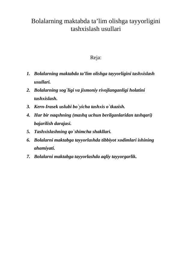 Bolalarning maktabda ta’lim olishga tayyorligini tashxislash usullari