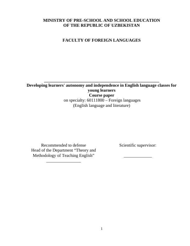Developing learners' autonomy and independence in English language classes for young learners