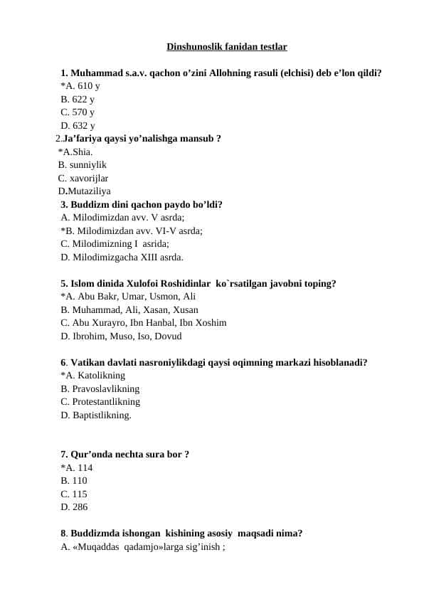 Dinshunoslik fanidan 400 ga yaqin testlar javoblari bilan