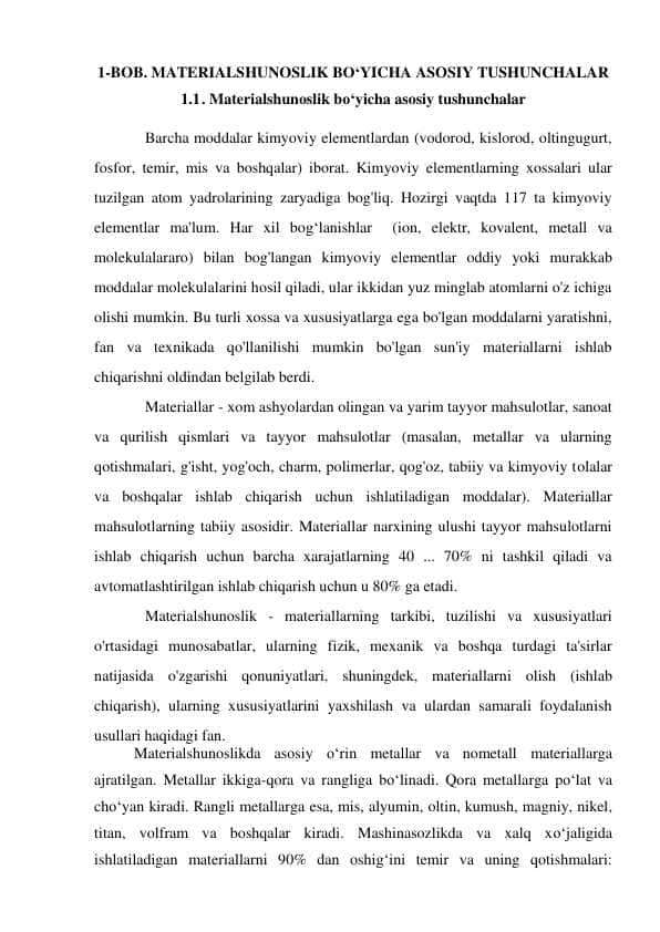 MATERIALSHUNOSLIK BO‘YICHA ASOSIY TUSHUNCHALAR
