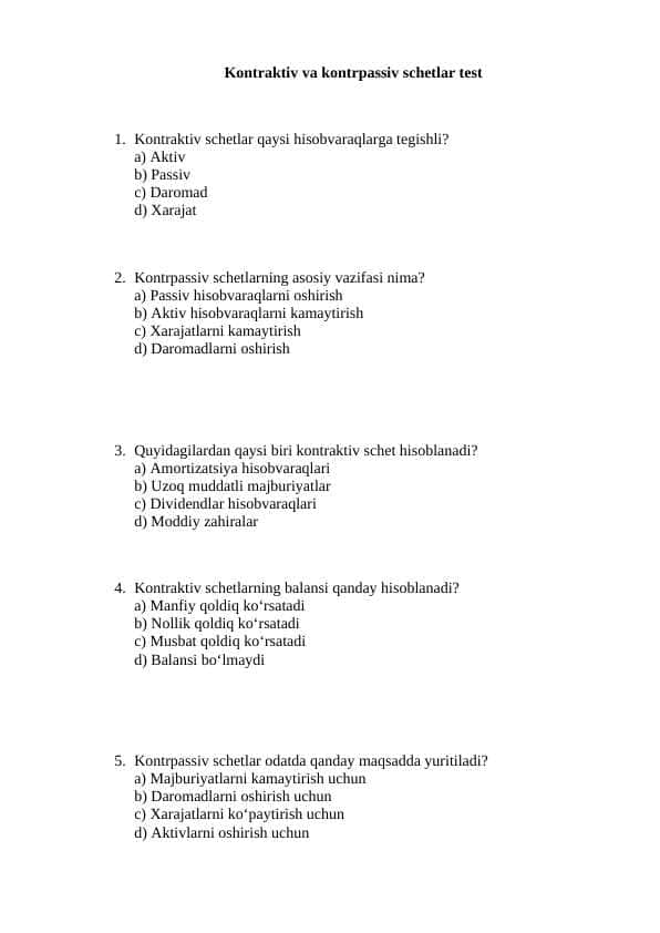 Kontraktiv va kontrpassiv schetlar test