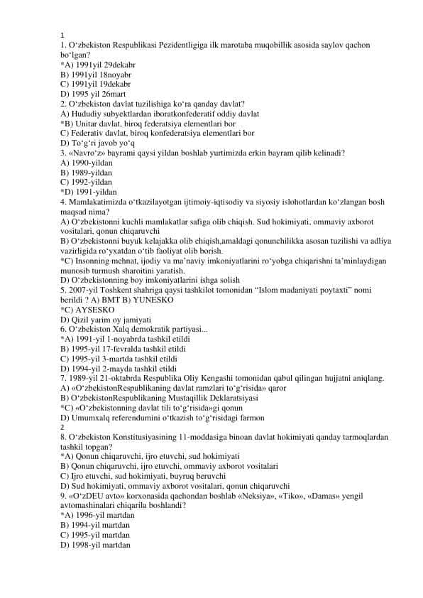 O'zbekistonning eng yangi tarixi fanidan test Pedagogika
