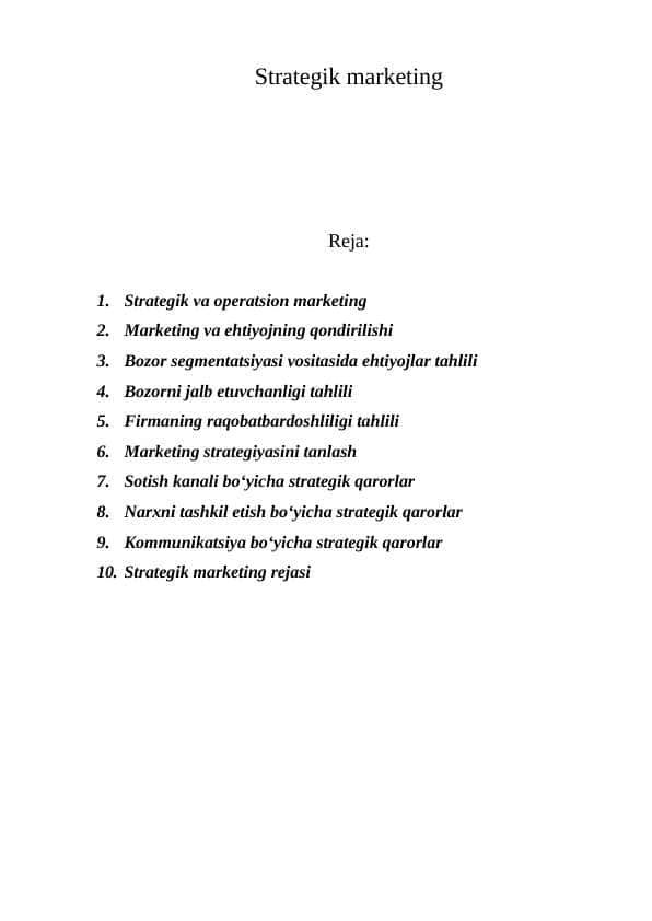 Strategik marketing mavzusiga tayyorlangan kurs ishi