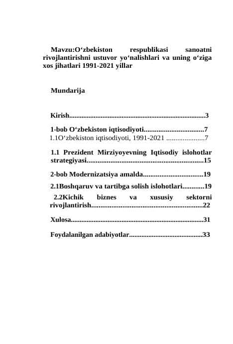 Oʻzbekiston respublikasi sanoatni rivojlantirishni ustuvor yoʻnalishlari va uning oʻziga xos jihatlari